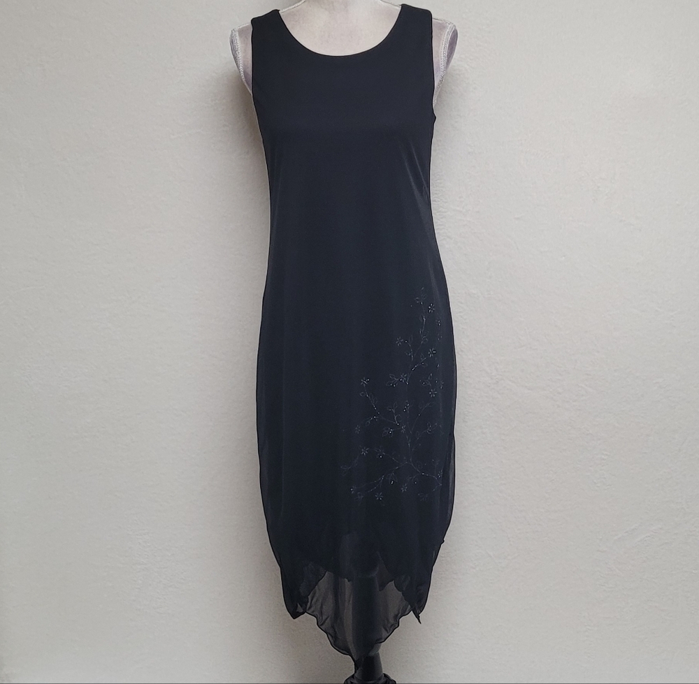 Vintage 90s AGB Black Semi-sheer Metallic Floral Handkerchief Hem Midi Dress 8 - Picture 2 of 13